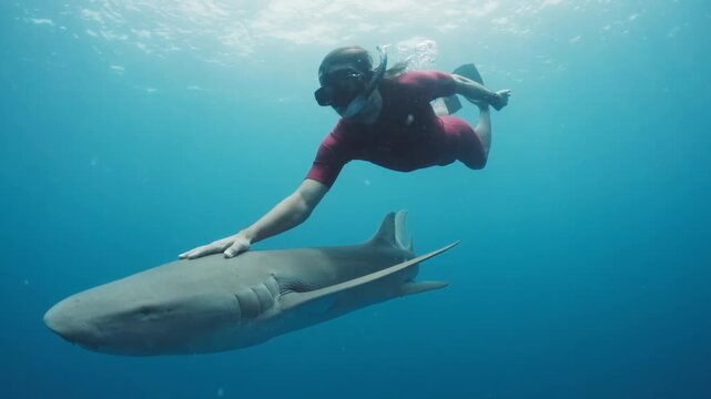 Diver swimming with shark, underwater shot