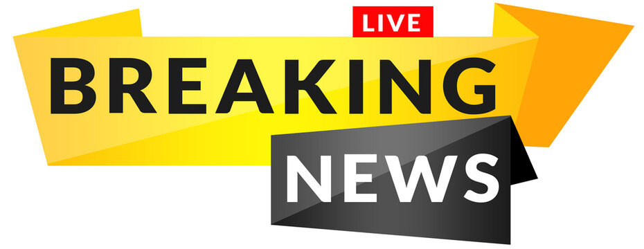 Yellow and black breaking news banner with bold high-contrast color scheme, modern headline bar featuring dynamic graphics and urgent broadcast style for news alerts and live update overlays.