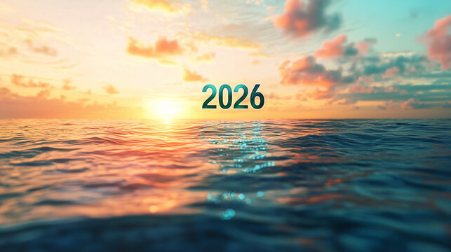 Bold glowing "2026" digits floating above the sea surface at sunset, tropical paradise background.