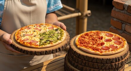Delicious artisanal pizzas with varied toppings served on rustic wooden boards in a charming outdoor setting, perfect for sharing and enjoying a casual meal