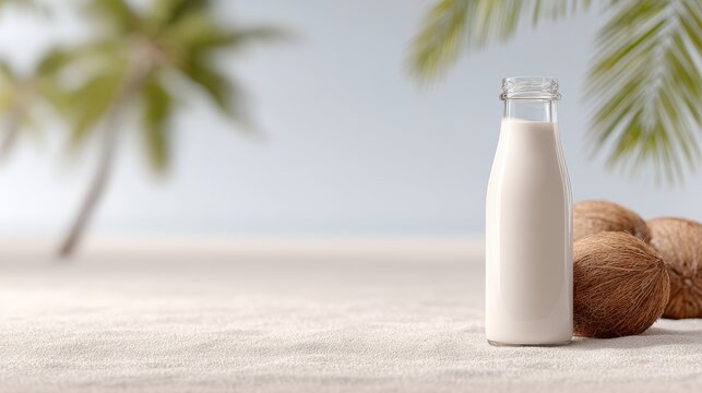 Coconut milk in a glass bottle sits on sandy beach with coconuts nearby, surrounded by tropical palm trees and a serene ocean backdrop, evoking a refreshing summer vibe