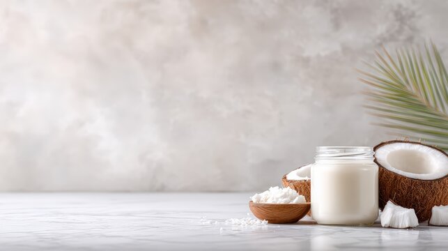 Coconut halves with fresh coconut milk and flakes on a marble surface, surrounded by palm leaves, creating a tropical and refreshing atmosphere with copy space for design