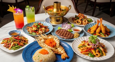 An inviting high-angle shot of a luxurious Thai and Asian culinary feast, artfully arranged with seafood, grilled meats, and vibrant cocktails