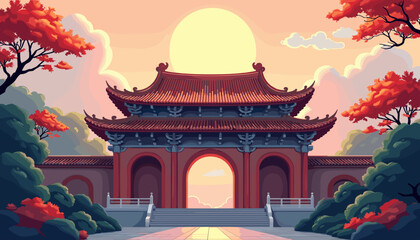 Fototapeta premium Chinese temple roof with sunset background and colorful foliage 