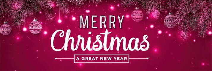 Merry christmas and a great new year banner with festive pink background