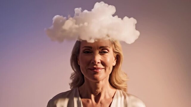 Conceptual video of a mature woman's head exploding into a cloud of smoke symbolizing stress and information overload, before she finds clarity, smiles and overcomes the burnout