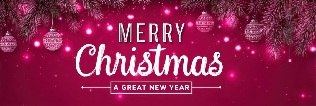 Merry christmas and a great new year banner with festive pink background
