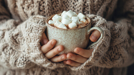 Hands holding warm hot chocolate mug with marshmallows