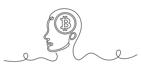 Continuous line art drawing of a human head profile with a bitcoin symbol inside, representing cryptocurrency thoughts and financial ideas Vector, illustration