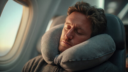 Fototapeta premium Man sleeping comfortably on airplane with neck pillow