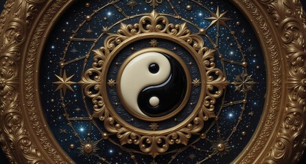 intricate golden frame encircles a yin and yang symbol against a dark blue starlit cosmic background.