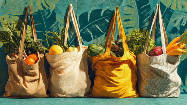 Reusable shopping bags filled with fresh produce presenting healthy lifestyle