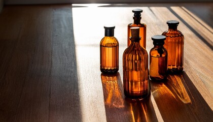 glass amber colored bottles arranged on a window sill as modern decor catching sunlight casting long shadow on a wood floor