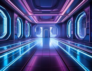 futuristic empty room with vibrant neon lighting and reflective floor featuring a striking architectural design