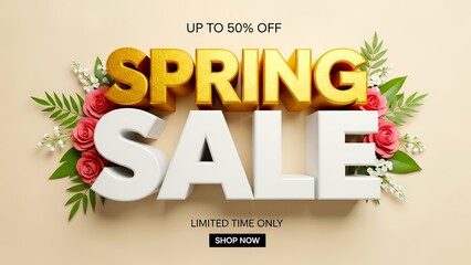 Spring sale promotion with floral accents on a beige background