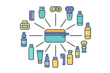 Collection of grooming and personal care products arranged around a stylish pouch for daily routines and travel essentials