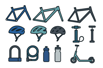 Bicycle components and accessories for cycling enthusiasts in a colorful design layout