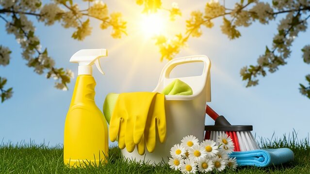 Spring housecleaning with supplies and chores in sunny meadow setting