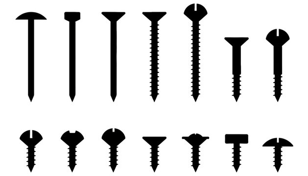 Set of Black Silhouette Icons Featuring Various Types of Nails, Screws, and Fasteners, Including Wood Screws, Flat Head, Round Head, and Tacks for Construction and DIY Concepts.