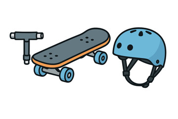 Skateboard with helmet and tool set for safe riding and maintenance at the skate park in the afternoon light