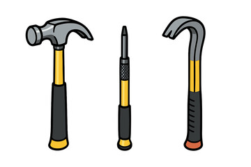 Tools for basic home repair including a hammer, screwdriver, and crowbar displayed in a simple arrangement