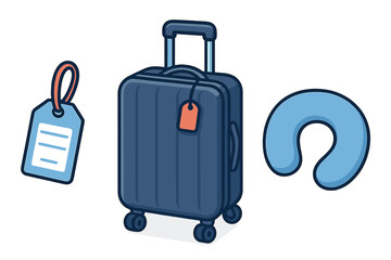 Travel essentials for comfort on long trips with suitcase, neck pillow, and luggage tag