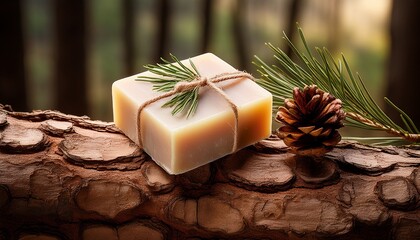 handmade artisanal soap bar on rough tree bark with pine needle and cone natural organic cosmetic for skin care