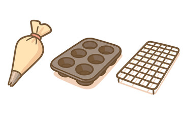 Essential baking tools on a light background including a piping bag, muffin tray, and cooling rack for tasty treats