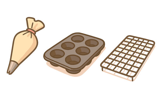 Essential baking tools on a light background including a piping bag, muffin tray, and cooling rack for tasty treats