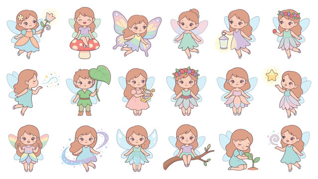 Fairy Vector Set for Kids. Collection of Cute Fairies, Pixies, Winged Girls, Magic Creatures in Kawaii Pastel Style.