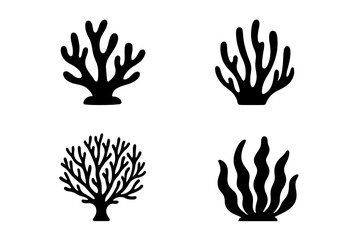 Various designs of coral shapes in black silhouette on a white background showcasing underwater life elements