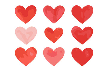 Heart shapes in various shades of red and pink arranged in a pleasing grid pattern for decorative use