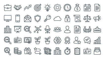 Comprehensive collection of thin line business icons representing concepts like corporate strategy, finance, human resources, and management