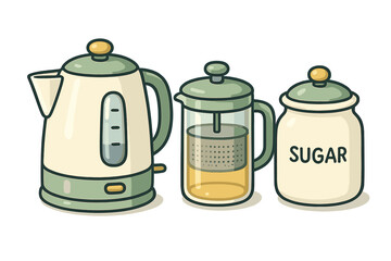 Tea brewing setup with kettle, French press, and sugar container on a white background for cozy beverage moments