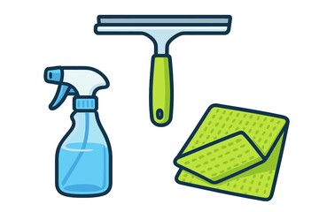 Cleaning tools including a spray bottle, squeegee, and microfiber cloth for efficient home care