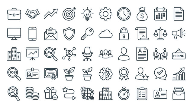 Comprehensive collection of thin line business icons representing concepts like corporate strategy, finance, human resources, and management - Powered by Adobe