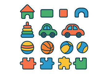Fototapeta premium Colorful activity toys for toddlers displayed on a light background in an engaging layout