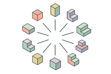 Colorful geometric shapes arranged in a circular pattern with various designs on a simple background