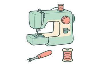 Vintage sewing machine and tools set on a simple background for craft enthusiasts and sewing projects