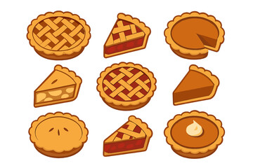 Various delicious pie designs showcasing different flavors and styles created with a warm, inviting color palette