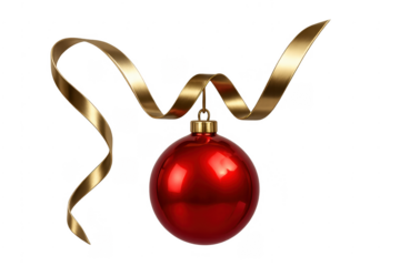 Red christmas bauble hanging from golden ribbon