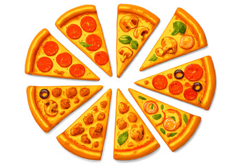 Flavorful pizza slices displayed in a circular arrangement with various toppings for a fun food presentation