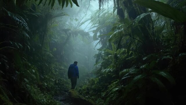 A lone hiker in a blue jacket walks along a misty jungle trail, surrounded by dense tropical foliage.