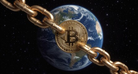 bitcoin blockchain encircling earth, representing global decentralized finance and cryptocurrency network.