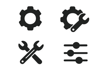 Tools and equipment symbols for mechanical work or technical tasks shown in black and white design