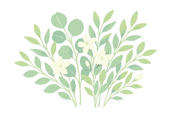 Beautiful watercolor leaves and flowers in soft green and white hues showcasing nature's elegance