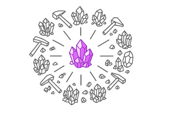 Beautiful purple crystal surrounded by various smaller crystals and tools, showcasing the allure of mineral discovery