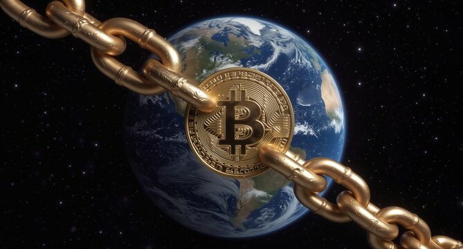 bitcoin blockchain encircling earth, representing global decentralized finance and cryptocurrency network.