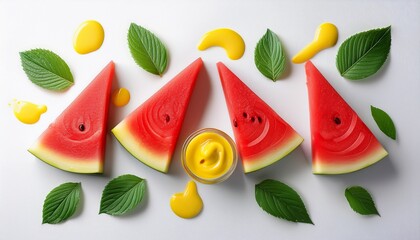 refreshing summer watermelon slices arranged artistically with yellow sauce and green leaves on white background