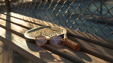 Padel racket and sunglasses resting on a wooden bench during sunset